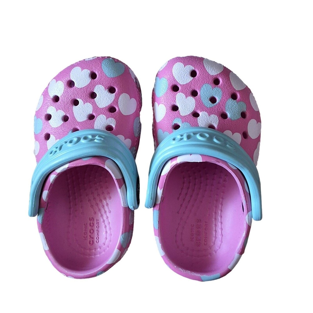 Crocs Kids Classic Easy Icon Clog Pink Aqua Hearts C4 Toddler Shoes 207592-6SX